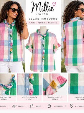 Millie Pastel Plaid Ruffle Button Front Square Hem Blouse Coastal Preppy Top L